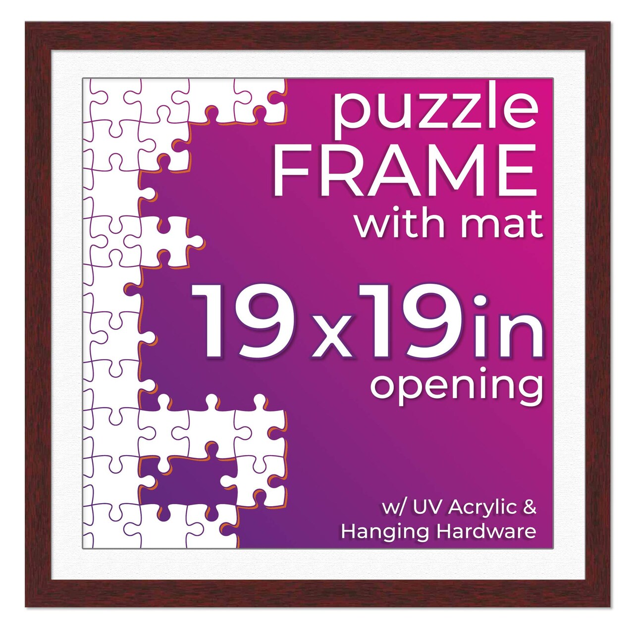 Brown Wood Puzzle Frame Kit with Glue Sheets, White Mat, Backing, UV Acrylic - Available in 20 Popular Sizes
